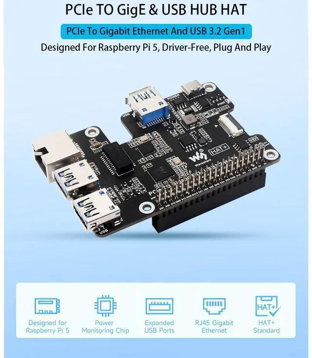 Alt view image 2 of 5 - PCIe to Gigabit Ethernet and USB 3.2 Gen1 HAT for Raspberry Pi 5, Extend PCIe Interface to 3X High Speed USB 3.2 Gen1 Ports and 1x Gigabit Ethernet Port, Driver-Free, Plug and Play