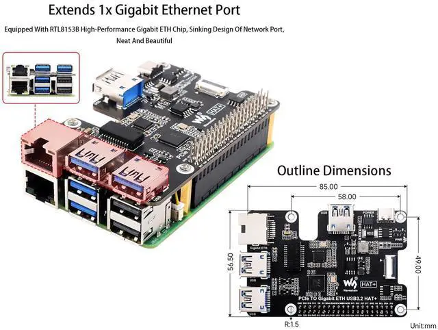 Alt view image 5 of 5 - PCIe to Gigabit Ethernet and USB 3.2 Gen1 HAT for Raspberry Pi 5, Extend PCIe Interface to 3X High Speed USB 3.2 Gen1 Ports and 1x Gigabit Ethernet Port, Driver-Free, Plug and Play
