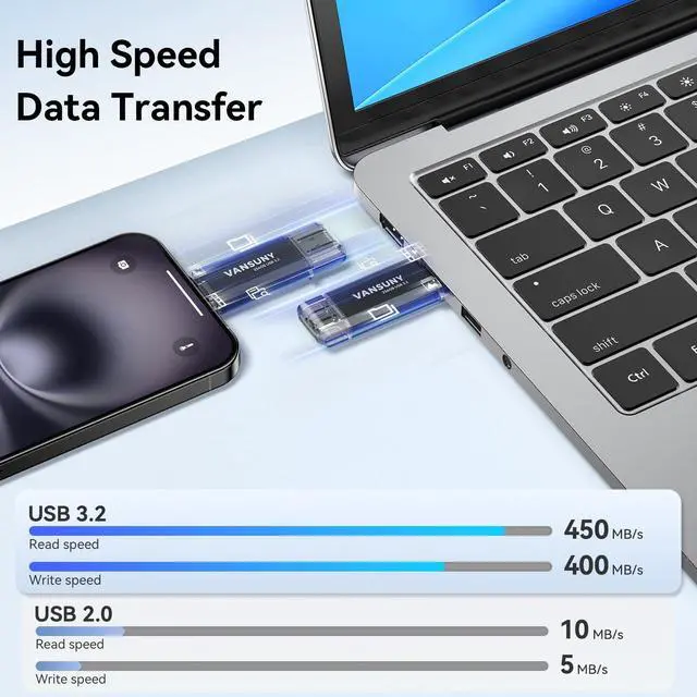 Alt view image 2 of 5 - Vansuny 256GB Type C Flash Drive Upgraded 450MB/s USB 3.2 High Speed Flash Drive 2 in 1 OTG USB A + Type C Dual Thumb Drive with Keychain for Android