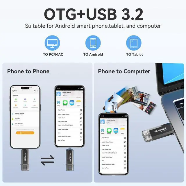 Alt view image 4 of 5 - Vansuny 256GB Type C Flash Drive Upgraded 450MB/s USB 3.2 High Speed Flash Drive 2 in 1 OTG USB A + Type C Dual Thumb Drive with Keychain for Android