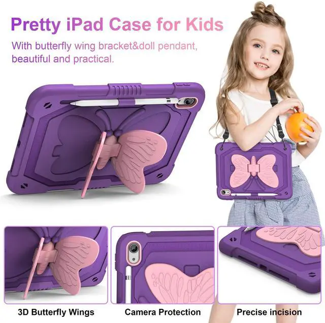 Alt view image 4 of 5 - VOFUOE for iPad 10th Generation Case for Kids Girls 2022 10.9 Inch for iPad A16 Case 11th Generation 2025 with Screen Protector Shoulder Strap Butterfly Wings Stand Pencil Holder Rugged Cover-Purple