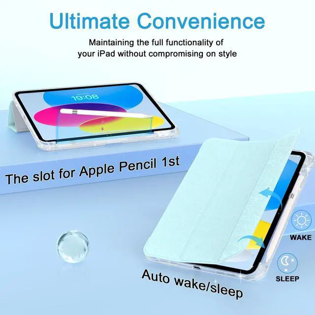 Alt view image 4 of 5 - iPad (A16) 11th/10th Generation (2025/2022) 10.9-inch with Pencil Holder, Sparkle Glitter Leather Cover [Support Touch ID and Auto Wake/Sleep] Lightweight Clear Rear Folio Case (Blue)