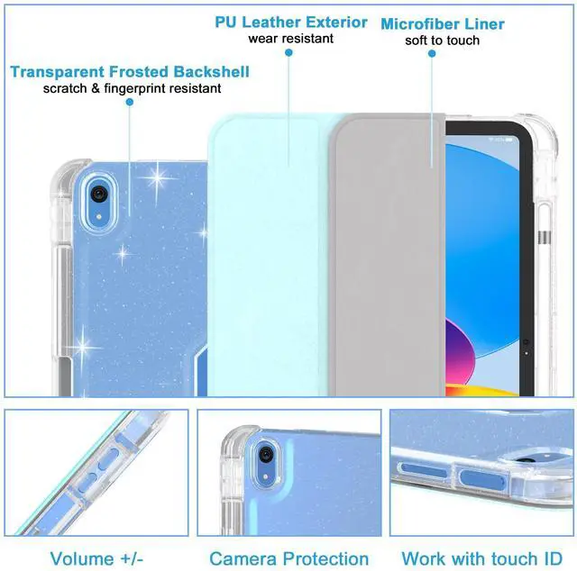 Alt view image 3 of 5 - iPad (A16) 11th/10th Generation (2025/2022) 10.9-inch with Pencil Holder, Sparkle Glitter Leather Cover [Support Touch ID and Auto Wake/Sleep] Lightweight Clear Rear Folio Case (Blue)