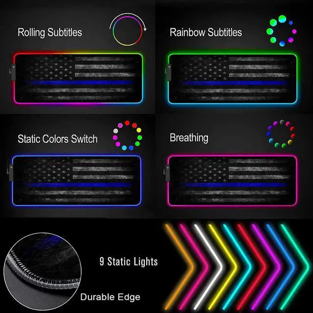 Alt view image 2 of 5 - RGB Gaming Mouse Pad Large Mouse Pad Desk Mat Led Mouse Pad Light-up Mouse Pad, Large Keyboard Pad, Optical Waterproof Non-Slip, Great for Gamers, Vintage Blue American Flag