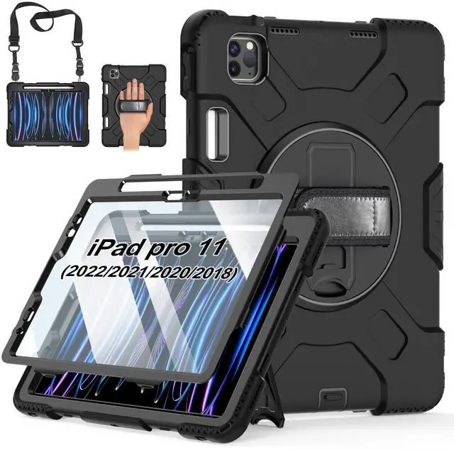 Main image of Case for iPad Pro 11 Inch (2022/2021/ 2020/2018): Silicone Cover for iPad 11 (4th/ 3rd/ 2nd/ 1st) Generation with Screen Protector- Stand- Handle- Shoulder Strap- Pencil Holder- Black