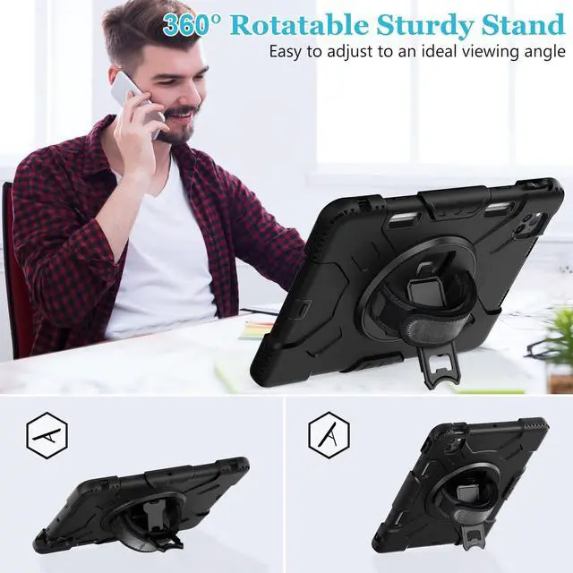 Alt view image 3 of 5 - Case for iPad Pro 11 Inch (2022/2021/ 2020/2018): Silicone Cover for iPad 11 (4th/ 3rd/ 2nd/ 1st) Generation with Screen Protector- Stand- Handle- Shoulder Strap- Pencil Holder- Black