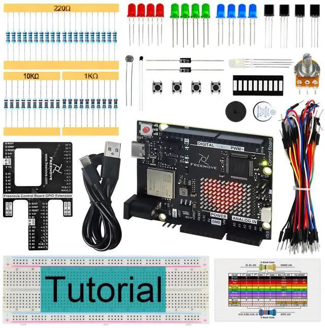Main image of Freenove Basic Starter Kit with Board V5 Rev4 WiFi (Compatible with Arduino IDE), Arm Cortex-M4 Microcontroller, Onboard ESP32-S3, 179-Page Detailed Tutorial, 140 Items, 34 Projects
