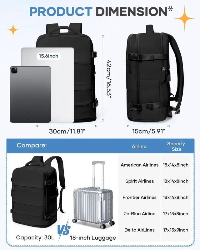 Alt view image 4 of 5 - coofay Travel Backpack For Women Men Airline Approved Carry On Backpack Flight Approved Waterproof Sports Luggage Backpack Casual Daypack Small Hiking Backpacks Black Backpacks