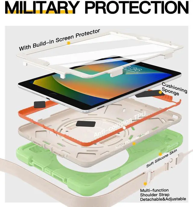 Alt view image 4 of 5 - BRAECN Case for ipad 9th/8th/7th Generation 10.2'' Heavy Duty Screen Protector 360° Rotating Stand Handle Pencil Holder Shockproof Drop Protection Shoulder/Hand Strap Durable Kids-Friendly