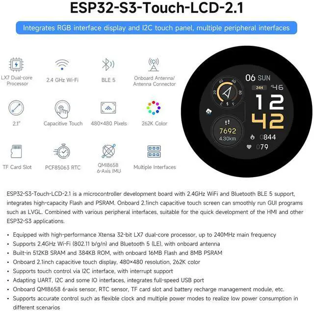 Alt view image 3 of 5 - Waveshare ESP32-S3 2.1inch Round Touch Screen with 32-bit LX7 Dual Core Processor, 480 × 480 Resolution, 262K Color, Support Wi-Fi & BLE 5