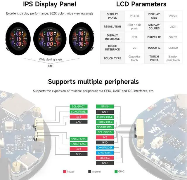 Alt view image 5 of 5 - Waveshare ESP32-S3 2.1inch Round Touch Screen with 32-bit LX7 Dual Core Processor, 480 × 480 Resolution, 262K Color, Support Wi-Fi & BLE 5
