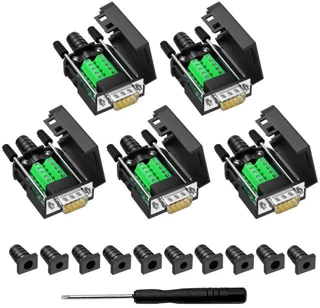 Main image of YIOVVOM DB9 Breakout Connector, Male 9 pin RS232 connectors, Solderless D-SUB RS485 Serial Adapter Module Board with Screw Terminals, Case, Long Bolts 5 PCS Male Adapter
