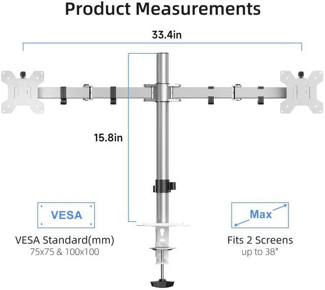 Alt view image 2 of 5 - Suptek Dual Monitor Desk Mount, Adjustable Dual Monitor Arm for 2 Monitor Screens up to 38 inch, Extra Tall 15.75" Pole Monitor Stand for Desk, Holds up to 22 lbs,Silver(MD9442MS)