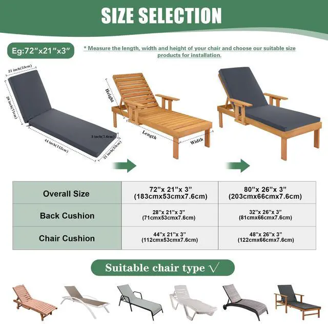 Alt view image 3 of 5 - Summsun Chaise Lounge Cushions Outdoor Set of 4 - Waterproof and Fade Resistant Sun Lounger Replacement Cushions - Patio Lounger Pads with Removable Cover for Pool, Deck, 72 x 21 x 3 Inch, Dark Grey