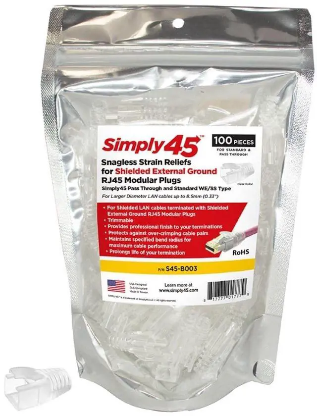 Main image of Simply45 8.5mm Strain Reliefs Shielded External Ground for Pass-Through and Standard RJ45-100-Pieces, Clear Tint, Resealable Bag - S45-B003