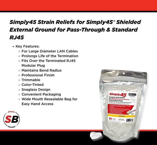 Alt view image 2 of 5 - Simply45 8.5mm Strain Reliefs Shielded External Ground for Pass-Through and Standard RJ45-100-Pieces, Clear Tint, Resealable Bag - S45-B003