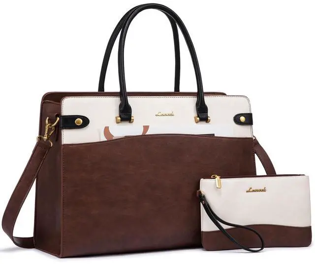 Main image of LOVEVOOK Laptop Tote Bag For Women Work, Vintage Leather Computer Bags For Laptops For Women, Waterproof Laptop Bag Business Briefcase Office Large Shoulder Handbag Purse, 15.6 Inch, Brown-Beige-Black