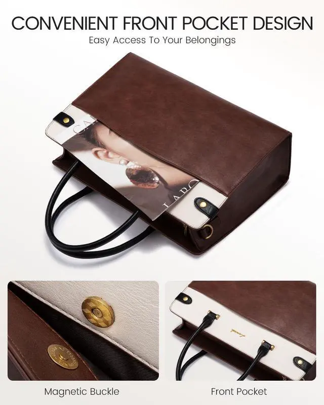 Alt view image 2 of 5 - LOVEVOOK Laptop Tote Bag For Women Work, Vintage Leather Computer Bags For Laptops For Women, Waterproof Laptop Bag Business Briefcase Office Large Shoulder Handbag Purse, 15.6 Inch, Brown-Beige-Black