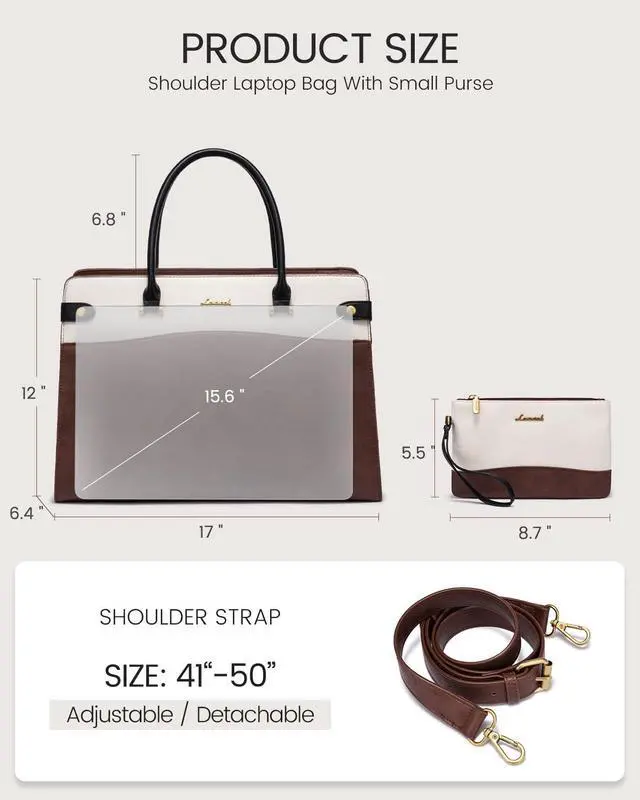 Alt view image 3 of 5 - LOVEVOOK Laptop Tote Bag For Women Work, Vintage Leather Computer Bags For Laptops For Women, Waterproof Laptop Bag Business Briefcase Office Large Shoulder Handbag Purse, 15.6 Inch, Brown-Beige-Black