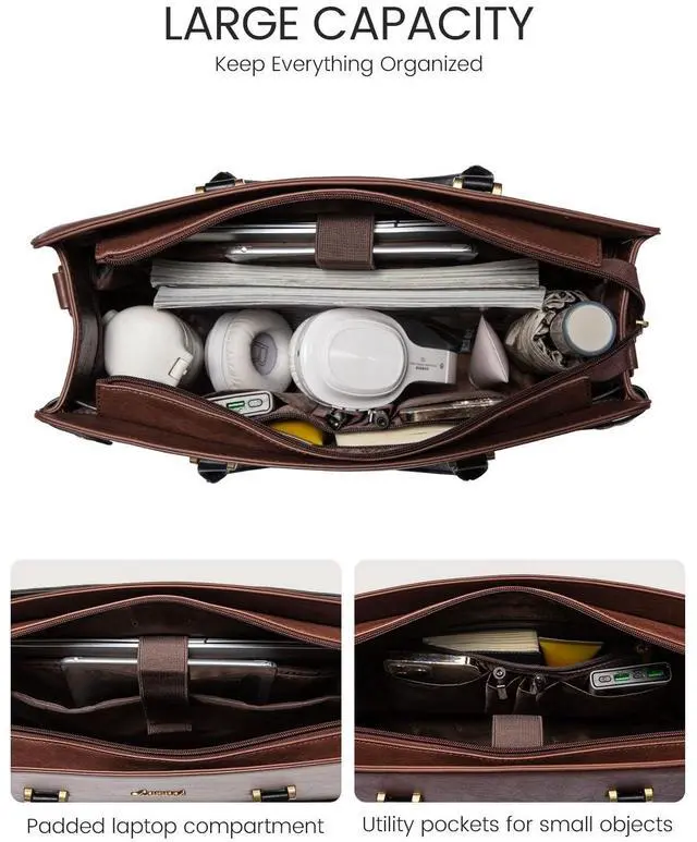 Alt view image 4 of 5 - LOVEVOOK Laptop Tote Bag For Women Work, Vintage Leather Computer Bags For Laptops For Women, Waterproof Laptop Bag Business Briefcase Office Large Shoulder Handbag Purse, 15.6 Inch, Brown-Beige-Black