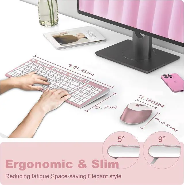 Alt view image 4 of 5 - Wireless Keyboard Mouse Combo, USB Type C Rechargeable Slim Silent Compact Full-Size Keyboard with Number Pad and Cover for Windows, macOS, PC/Computer/Laptop - Rose Gold
