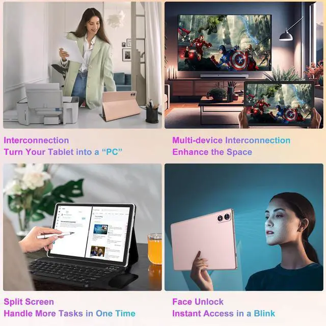 Alt view image 3 of 5 - Dghrti 2025 Android 14 Tablet, 22G+128G/1TB Expansion, 10 inch Tablets with 8000 mAh Battery, Octa-Core, GPS, Split-Screen, Face Unlock, 2 in 1 Tablet with Keyboard, Mouse, Case, Rose Gold