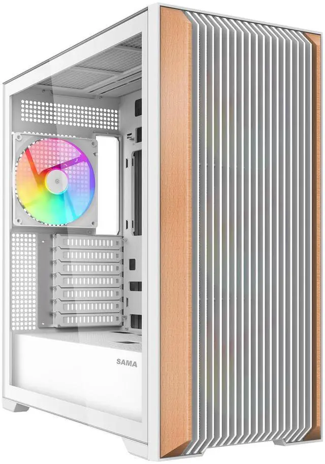 Main image of SAMA Z60 Genuine Walnut Wood PC Case, ATX Mid Tower PC Case, Pre-Installed 4X 140mm ARGB PWM Fans, Supports 360mm Radiator on Top, Type-C Port, Mid Tower Computer Case-White