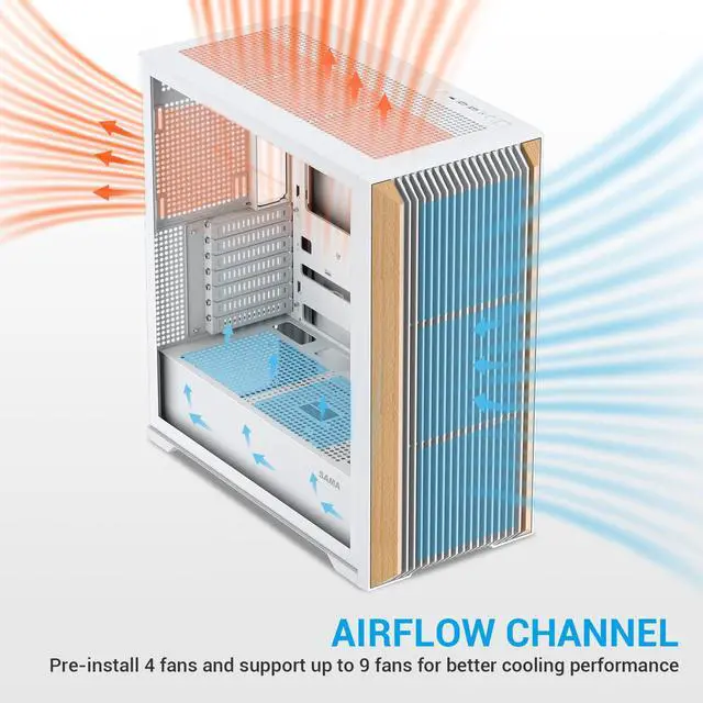 Alt view image 4 of 5 - SAMA Z60 Genuine Walnut Wood PC Case, ATX Mid Tower PC Case, Pre-Installed 4X 140mm ARGB PWM Fans, Supports 360mm Radiator on Top, Type-C Port, Mid Tower Computer Case-White