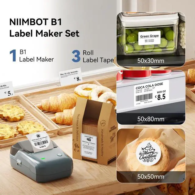 Alt view image 2 of 5 - NIIMBOT B1 Label Maker, Bluetooth Portable Thermal Printer Machine with Large Waterproof Tape and Multiple Templates for Small Business,Office,Home,School, 2 Inch (Blue, 1 Printer+3 Roll Label)