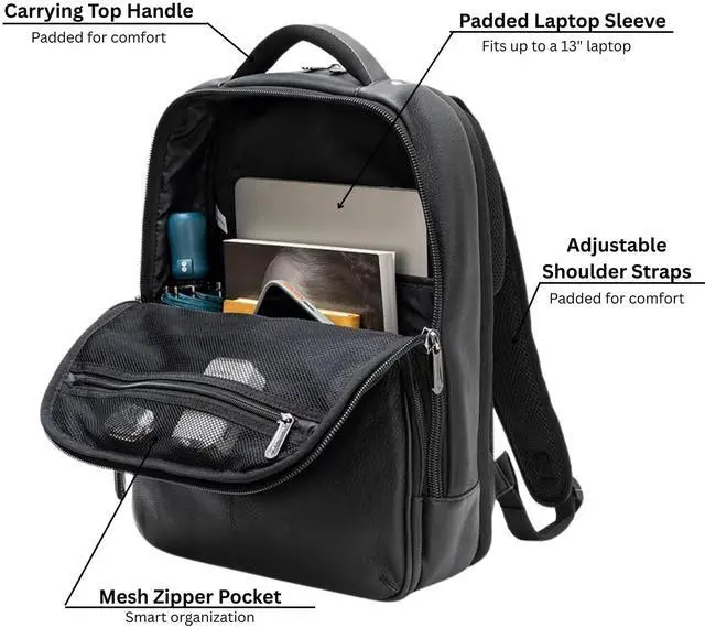 Alt view image 3 of 5 - Alpine Swiss Olsen 13 Laptop Travel Backpack Genuine Leather Slim Business Travel Carry On Daypack Black