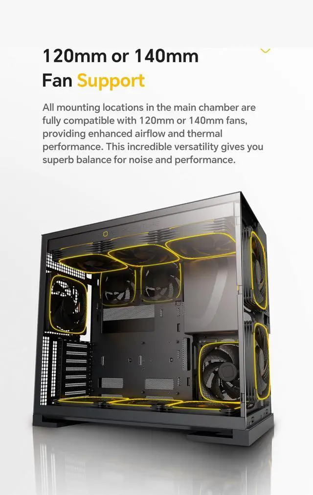 Alt view image 4 of 5 - Geometric Future M5 Vent, Mesh Panel Tempered Glass Mid Tower, E-ATX/ATX Gaming Case, High Airflow, Type C, Support 420/360 Rad, ARGB PWM 140mm Fan x 5 Pre-Installed, Black/Yellow, GEO-M5VF-BY