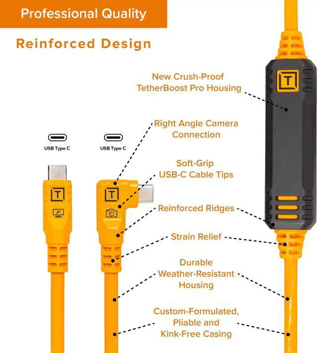 Alt view image 4 of 5 - Tether Tools TetherPro Optima 10G USB Exclusive Data Transfer, 15 (4.6M) Straight to Right Angle Cable - Orange