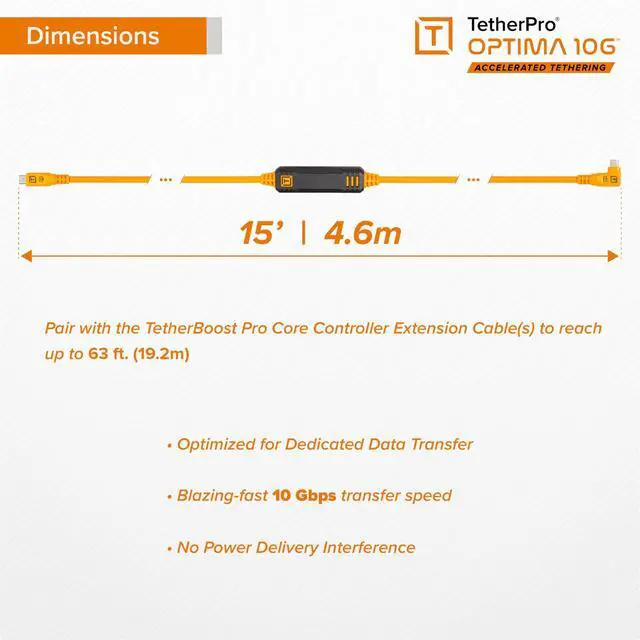 Alt view image 5 of 5 - Tether Tools TetherPro Optima 10G USB Exclusive Data Transfer, 15 (4.6M) Straight to Right Angle Cable - Orange