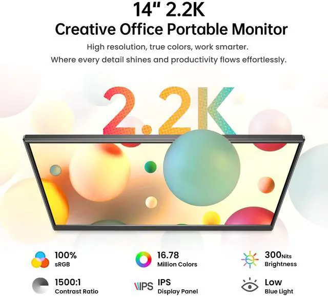Alt view image 2 of 5 - Yxk Portable Monitor 14 inch 2.2K QHD USB C HDMI Ultra-Slim IPS Travel Display w/Smart Cover & Speakers, HDR Plug&Play, External Monitor for Laptop PC, Phone,Mac
