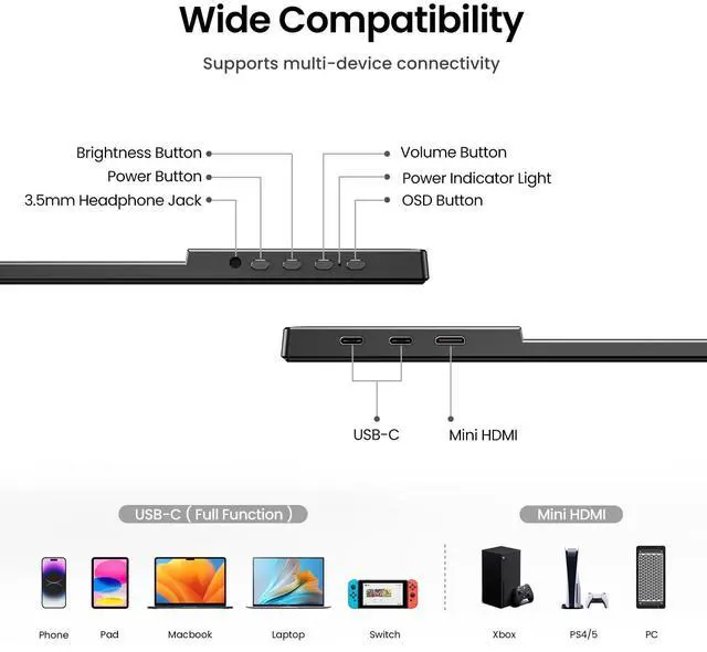 Alt view image 3 of 5 - Yxk Portable Monitor 14 inch 2.2K QHD USB C HDMI Ultra-Slim IPS Travel Display w/Smart Cover & Speakers, HDR Plug&Play, External Monitor for Laptop PC, Phone,Mac