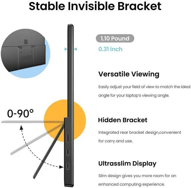 Alt view image 4 of 5 - Yxk Portable Monitor 14 inch 2.2K QHD USB C HDMI Ultra-Slim IPS Travel Display w/Smart Cover & Speakers, HDR Plug&Play, External Monitor for Laptop PC, Phone,Mac