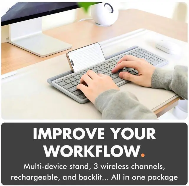 Alt view image 2 of 5 - X9 Full-Size Bluetooth Keyboard with Phone Holder  Sleek, Backlit, and Rechargeable  Multi-Device Wireless Keyboard with Copilot AI for Effortless Workflow  for PC, Mac, iOS & Android (Silver)