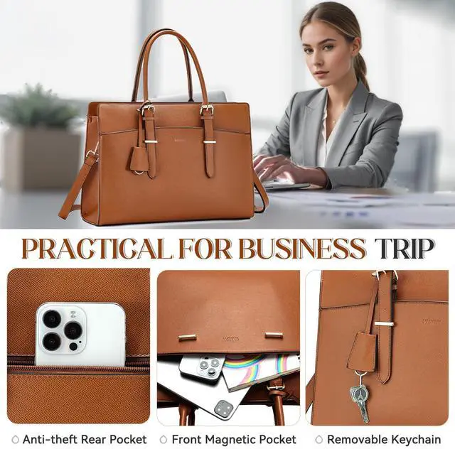 Alt view image 5 of 5 - VASCHY Laptop Bag for Women, Vegan Leather Large Work Tote Purse Briefcase, 15.6 Inch Laptop Computer Handbag for Business Office Teachers, Brown