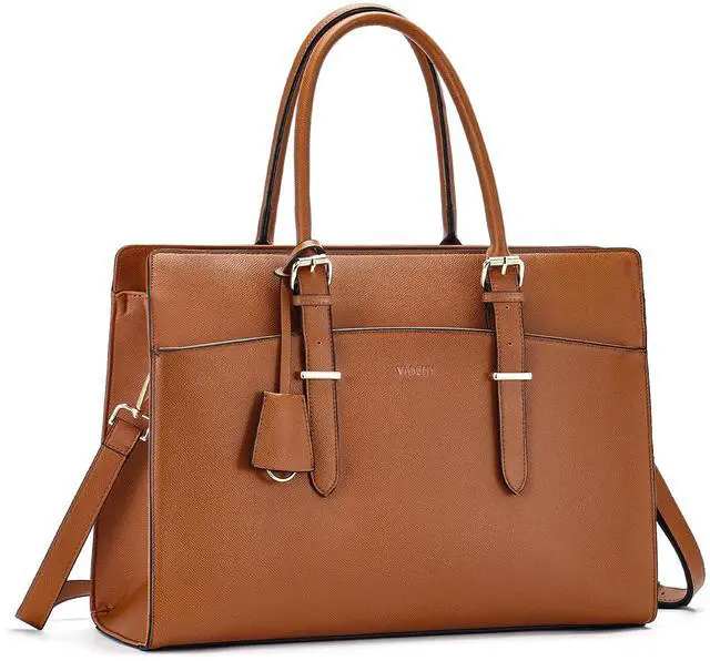 Main image of VASCHY Laptop Bag for Women, Vegan Leather Large Work Tote Purse Briefcase, 15.6 Inch Laptop Computer Handbag for Business Office Teachers, Brown
