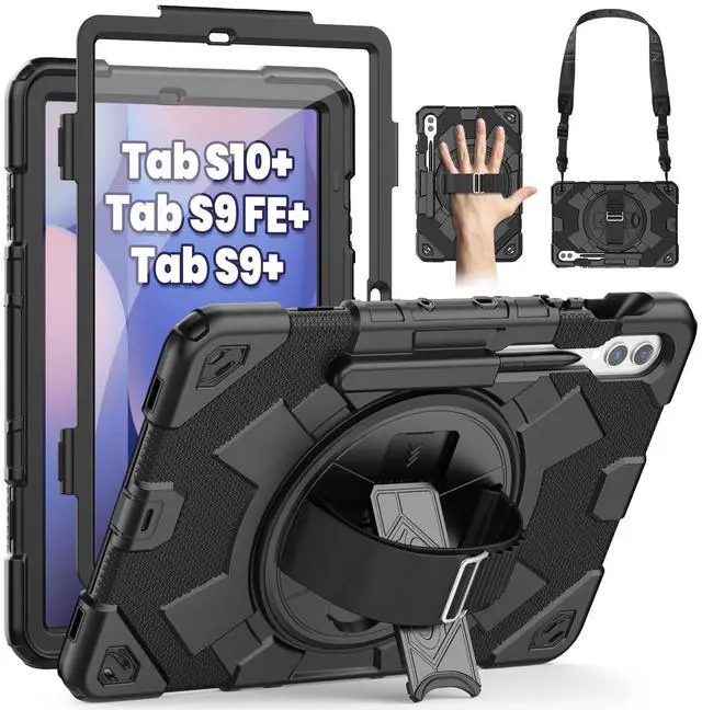 Main image of SEYMAC Case for Samsung Galaxy Tab S10+ Plus 2024/S9 FE+/S9+ 12.4'' 2023, Shockproof Protective Case with Screen Protector, Rotating Stand, Hand/Shoulder Strap, Black