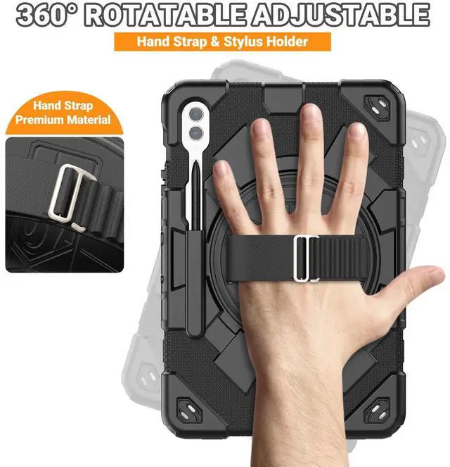 Alt view image 3 of 5 - SEYMAC Case for Samsung Galaxy Tab S10+ Plus 2024/S9 FE+/S9+ 12.4'' 2023, Shockproof Protective Case with Screen Protector, Rotating Stand, Hand/Shoulder Strap, Black