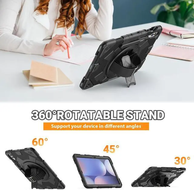 Alt view image 4 of 5 - SEYMAC Case for Samsung Galaxy Tab S10+ Plus 2024/S9 FE+/S9+ 12.4'' 2023, Shockproof Protective Case with Screen Protector, Rotating Stand, Hand/Shoulder Strap, Black
