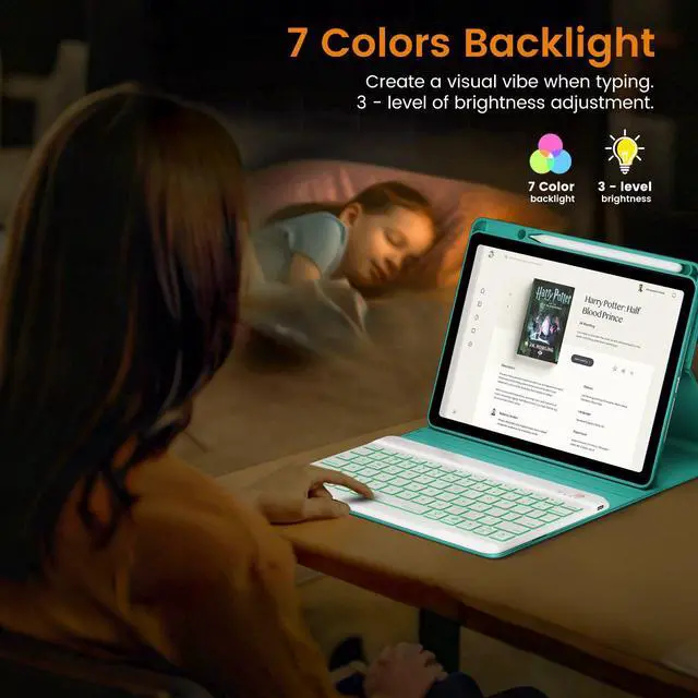 Alt view image 4 of 5 - OYEEICE Keyboard case for iPad 9.7 inch, iPad 6th Gen (2018), iPad 5th Gen (2017), iPad Air 2 (2014) - 7 Color Backlit Wireless Keyboard with Pencil Holder for iPad 6th/5th Pro 9.7'' Air 2/1 - Teal
