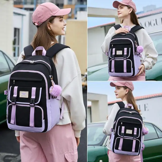 Alt view image 4 of 5 - LXYGD Backpack for Girls with Cute Accessories,Bookbag for Women College Middle High School Teen Students Travel Daypack Gifts (Black Purple)