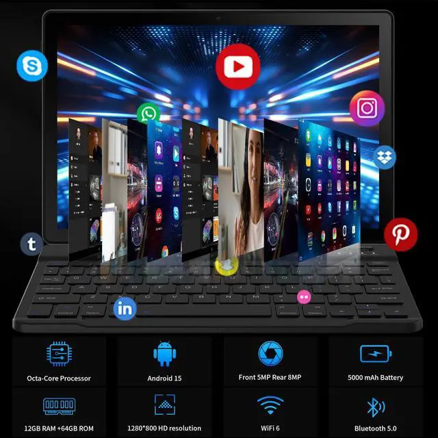 Alt view image 4 of 5 - Latest 2025 Upgraded Android Tablet 10.1 Inch with IPS HD Touch Screen, Dual Camera, 64GB Storage 1TB Expansion, 8 in 1 Tablets Kit with Keyboard, Protective Case, Mouse, Stylus, BT 5.4, WiFi 6