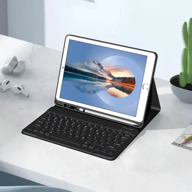 Alt view image 5 of 5 - Divufus Keyboard Case for iPad 9.7 Inch 2018/2017 6th/5th Generation, Air 2/1 [Magnetic Detachable Wireless Keyboard][Support 3 System] Flip Stand Case with Pencil Holder for iPad 9.7, Black