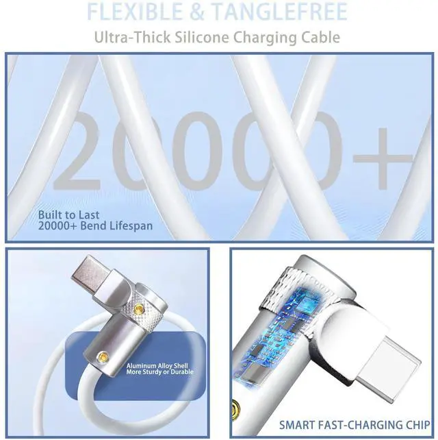 Alt view image 3 of 5 - chubbycable FlexElbow Pro - 90 Degree Design 240W Fast Charge Cable Ultra-Thick Silicone Right Angle USB C Cable Phone Tablets Charging Cord, White, Type-C to Type-C, 16.4FT
