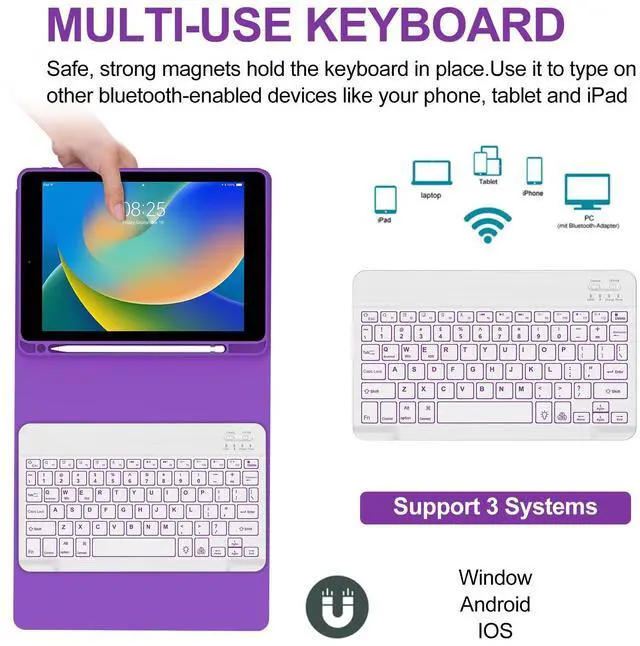 Alt view image 4 of 5 - BORIYUAN iPad 9th 2021/8th/7th Generation Keyboard Case, 7 Colors Backlit Detachable Keyboard Folio Smart Cover for iPad 10.2"/iPad Air 10.5"(3rd Gen)/iPad Pro 10.5" with Pencil Holder  Purple