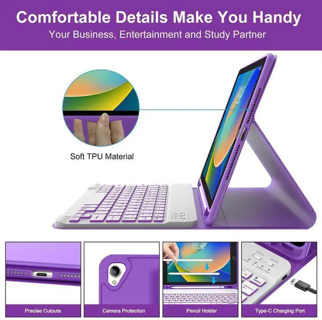 Alt view image 5 of 5 - BORIYUAN iPad 9th 2021/8th/7th Generation Keyboard Case, 7 Colors Backlit Detachable Keyboard Folio Smart Cover for iPad 10.2"/iPad Air 10.5"(3rd Gen)/iPad Pro 10.5" with Pencil Holder  Purple