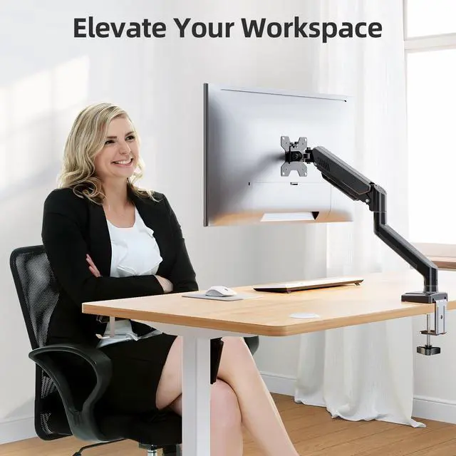 Alt view image 3 of 5 - Monitor Arm for 13-32 inch Screens, Monitor Desk Mount, Adjustable Height, VESA Mount with Clamp & Grommet Bases, Freelift Black